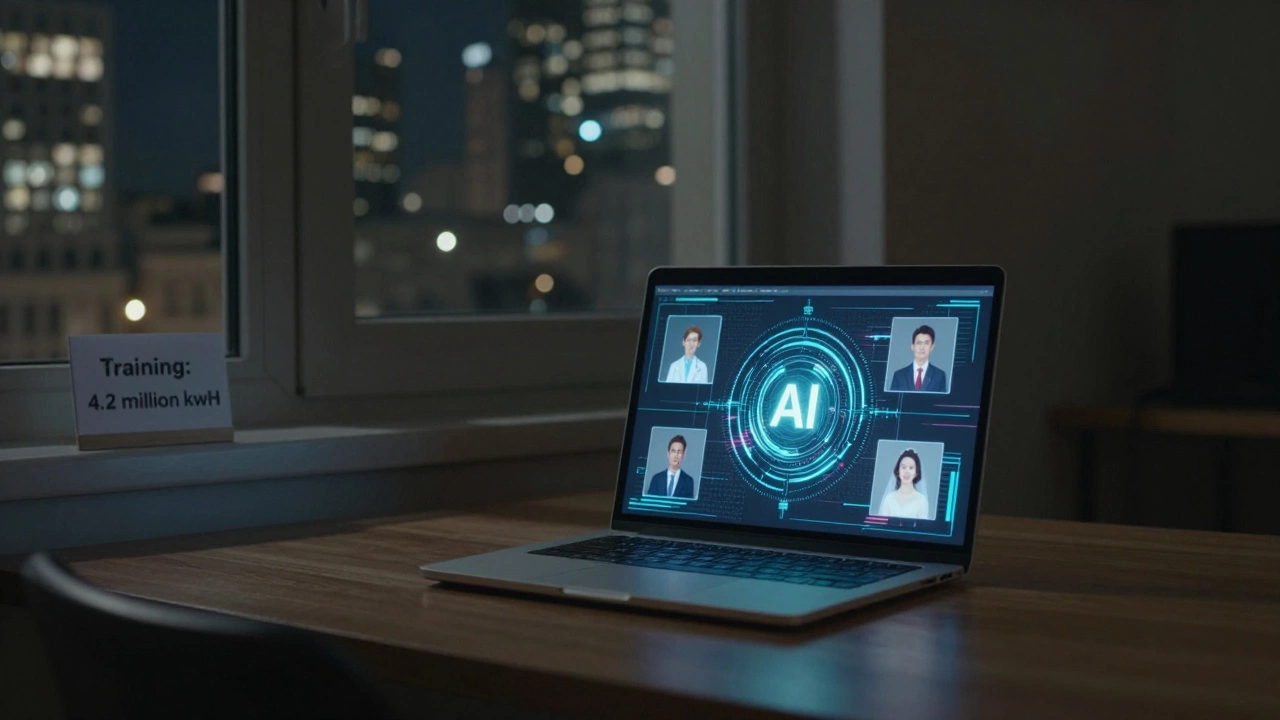 A laptop displaying an AI model diagram in a quiet room at night, with icons of a doctor, CEO, and wedding scene floating nearby.