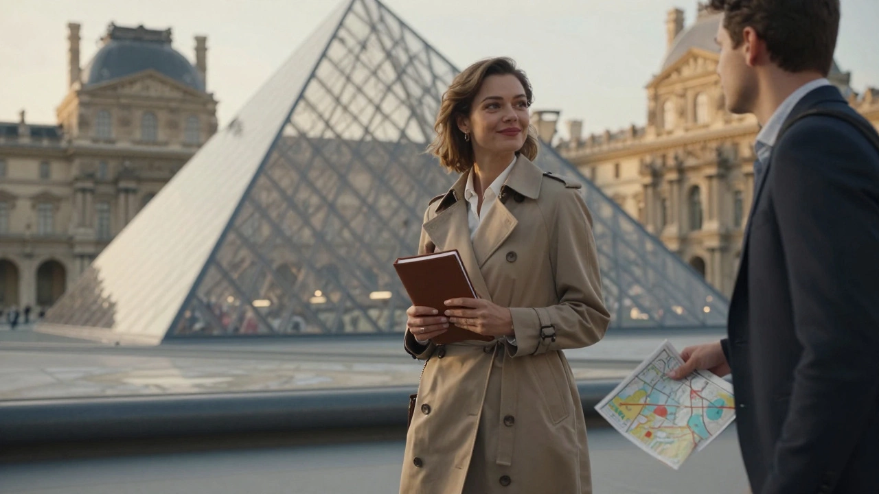 A stylish woman walks beside a man near the Louvre, embodying cultural companionship.
